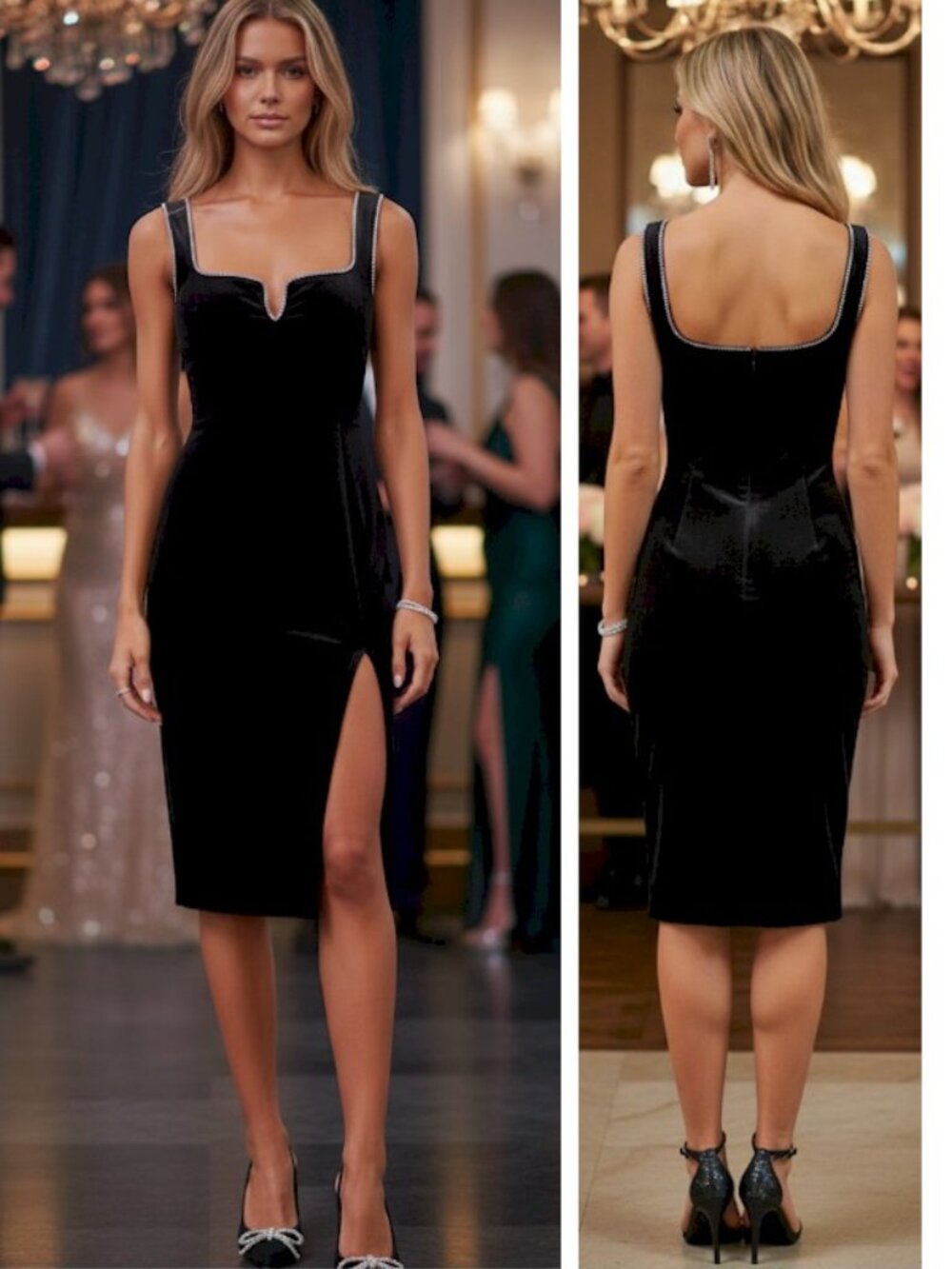 Lulus Posh Sparkle Black Velvet Rhinestone Notched Midi Dress Size XS New NWT - Picture 4 of 14